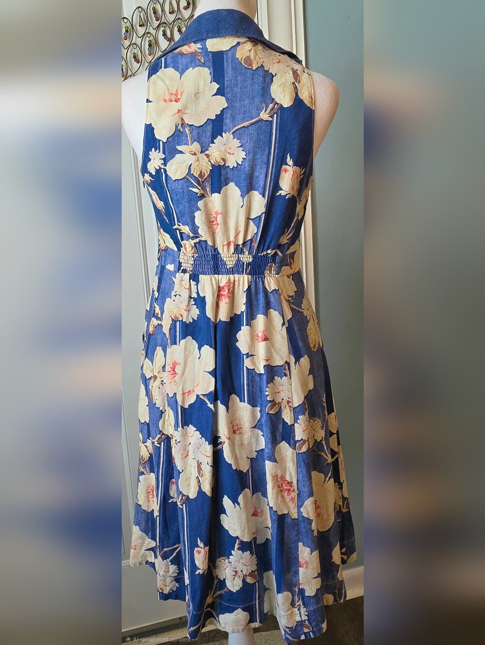 Anthropologie Camellia Collared Midi Dress Womens 2 Blue Cream Floral Retro 90s - Picture 4 of 12